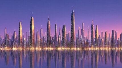 Obraz premium Majestic Skyline at Sunset with Glimmering Lights Reflecting on Water in a Modern Cityscape