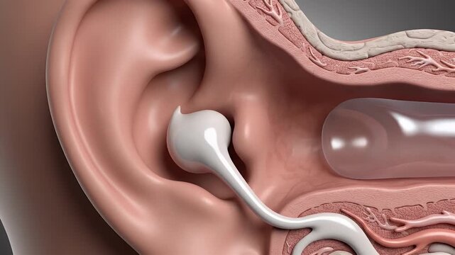 Detailed CGI close-up of the human ear with a cross-section revealing the internal structures focused on the eardrum and ear canal for ENT awareness and medical education on a neutral background with