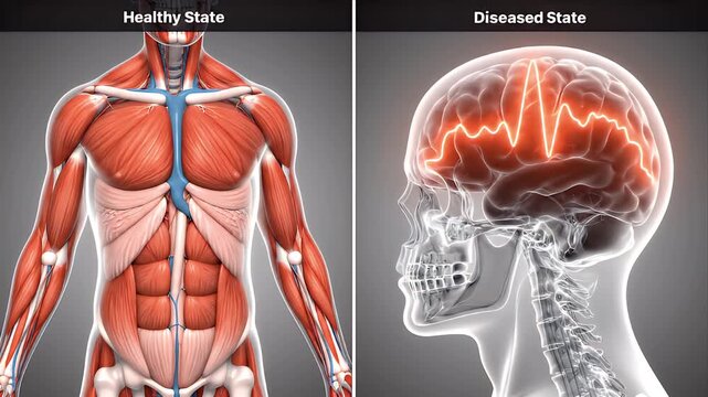 Detailed CGI Comparison of Healthy Human Muscular System and Diseased Brain with Glowing Neurological Activity on a Dark Medical Background for Educational and Healthcare Presentations
