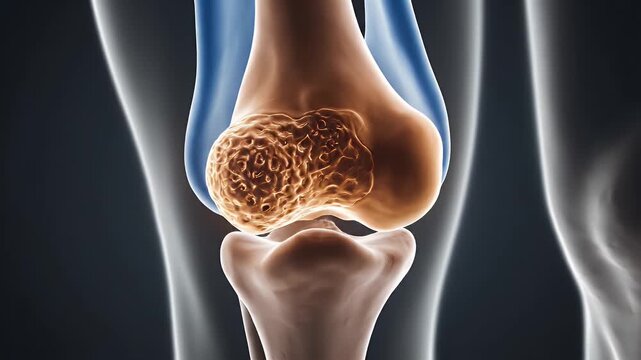 Detailed CGI Depiction of the Subchondral Bone and Cartilage in a Human Knee Joint with Visible Osteoarthritis Degradation for Medical Education and Healthcare Presentations on a Dark Background