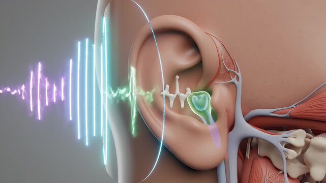Detailed CGI Human Ear Anatomy with Visible Sound Waves Highlighting Auditory Perception and Occupational Safety Awareness in a Medical Educational Context on a Neutral Gray Background
