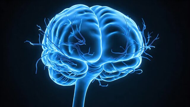 Medical 3D Animation of the Human Brain Nervous System Showing Blood Vessels and Neural Network in Blue Tones Against a Dark Background for Healthcare Education and Scientific Research