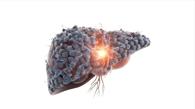 Medical 3D Visualization of Fatty Liver Disease Showing Cellular Accumulation and Vascular Network With Glowing Lesion on White Background Scientific Illustration