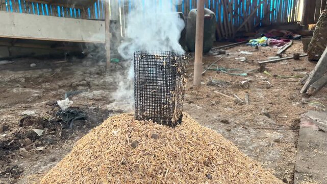 Traditional rice husk carbonization process in a pyramid pile with smoke coming out from the chimney.