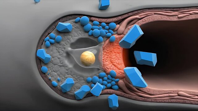 Medical Animation of Arterial Plaque Buildup Showing Atherosclerosis Progression With Cholesterol Deposits And Inflammation In A Diseased Artery Cross Section