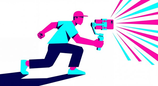 Energetic vector illustration of a videographer filming with a smartphone on a handheld gimbal stabilizer with neon motion streaks.