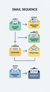a colorful infographic showing a sequence of emails with arrows pointing to the right email sequence