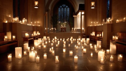 Obraz premium Peaceful Ambiance of Flickering Candlelight Illuminating a Serene Church Interior with Soft Lighting and Tranquil Atmosphere