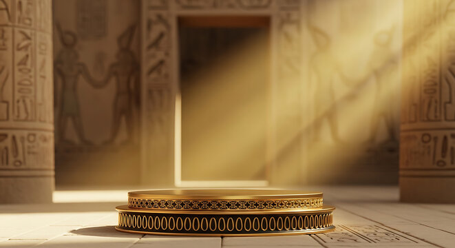 Ornate golden pedestal illuminated by dramatic sunbeams within ancient Egyptian temple, hieroglyphs on columns, sacred space, historical discovery