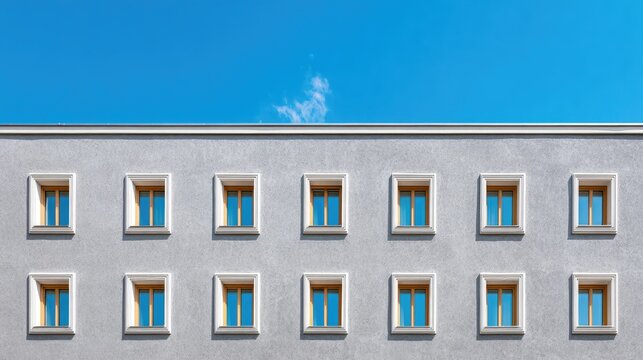 Modern minimalist building facade with multiple window frames against clear blue sky and subtle clouds in background