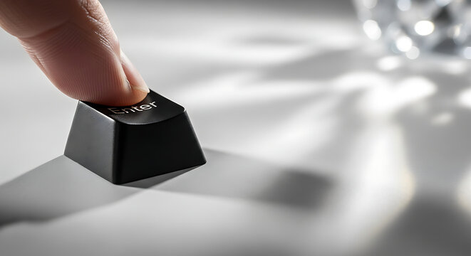 Finger pressing a black keycap on a reflective surface, casting dramatic shadows and light patterns, symbolizing technology and interaction