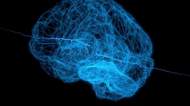 Animated visualization of a human brain forming from glowing neuron synapses and neural connections. Futuristic medical science concept showing brain activity, intelligen