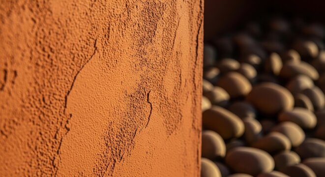 Close-up of a warm sienna textured plaster wall with a hint of earthy pebbles