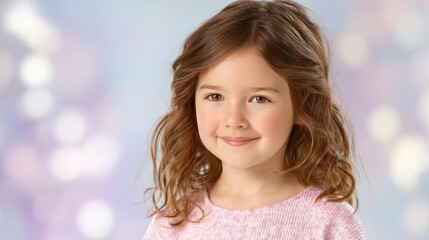 Fototapeta premium Smiling young girl with curly hair in a soft pastel background, exuding innocence and joy in a portrait session
