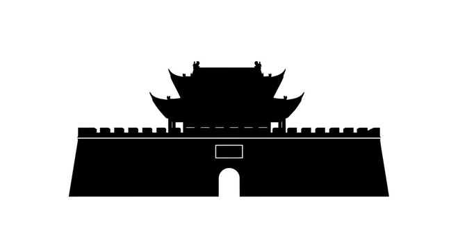 Ancient Chinese Fortress Gate and Wall Silhouette