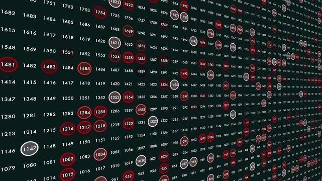 Abstract technology background showing a scrolling timeline of years and numeric data on a dark interface with red and white highlights, ideal for analytics and history concepts