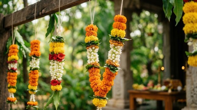 Vibrant marigold garlands hanging from a wooden beam for a festive indian wedding in a lush outdoor garden.