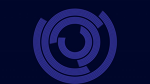 Abstract technology footage of rotating concentric neon blue rings forming a circular HUD interface on a dark background, ideal for sci fi UI, data visualization, and cyber themes