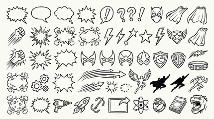 A comprehensive collection of hand-drawn comic book elements, including speech bubbles, superhero masks, capes, lightning bolts, and action effects. © KN collection