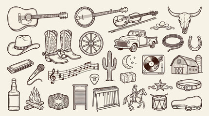 A comprehensive collection of hand-drawn illustrations depicting various elements associated with country and western music and lifestyle. © KN collection