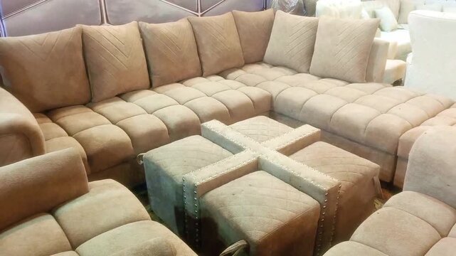 Modern Luxury L-Shaped Sectional Sofa Set with Designer Ottoman | Living Room Interior Design Ideas