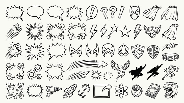 A comprehensive collection of hand-drawn comic book elements, including speech bubbles, superhero masks, capes, lightning bolts, and action effects.