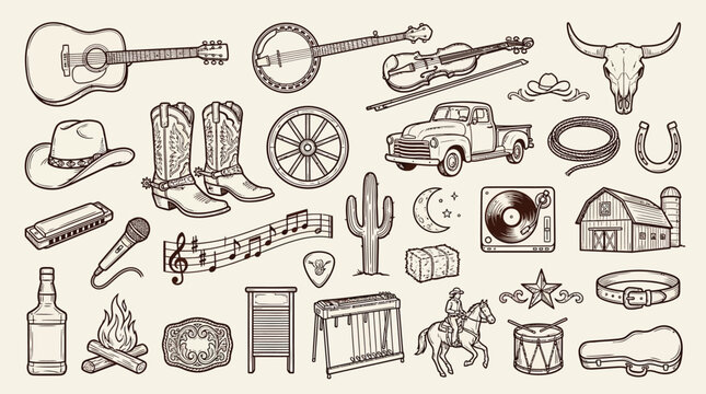 A comprehensive collection of hand-drawn illustrations depicting various elements associated with country and western music and lifestyle.