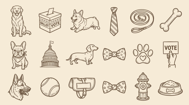 A collection of hand-drawn illustrations featuring various dog breeds, political symbols, and pet accessories, presented in a vintage sketch style.