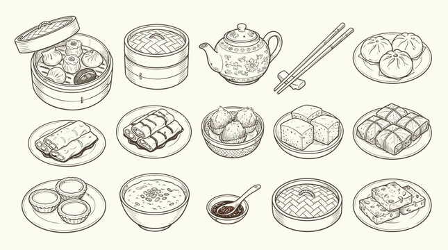 A collection of delicious and traditional Chinese dim sum dishes, including steamed buns, dumplings, and various savory snacks, presented in an artistic line drawing style.