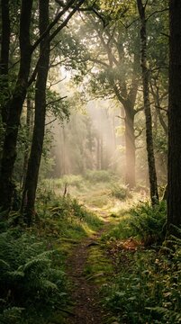 A serene forest path winds through trees with leaves and ferns on ground