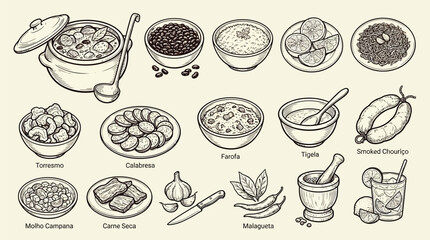 A detailed illustration showcasing a variety of traditional Colombian dishes and ingredients, presented in a charming, hand-drawn sketch style. © KN collection