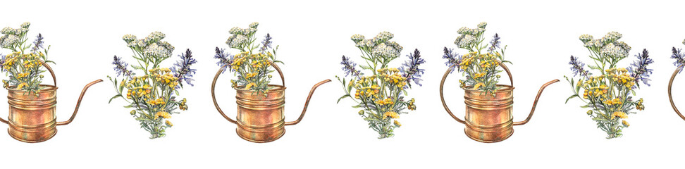 Watercolor seamless border with bouquet yarrow and lungwort and clover in teapot or watering can on white background. Flower milfoil for wedding invite. Summer or spring hand-drawn rim for wrapping © NatashaKun