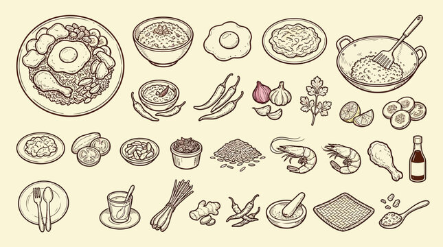A detailed illustration showcasing a variety of ingredients and dishes, including rice, chicken, eggs, spices, and seafood, presented in a charming, hand-drawn style.