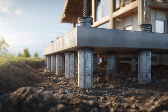 The house construction uses a pile foundation system with vertical concrete pillars prepared for a lightweight house structure.