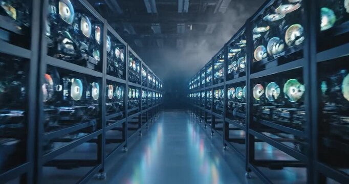 Digital cryptocurrency mining farm with rows of GPU servers in data center