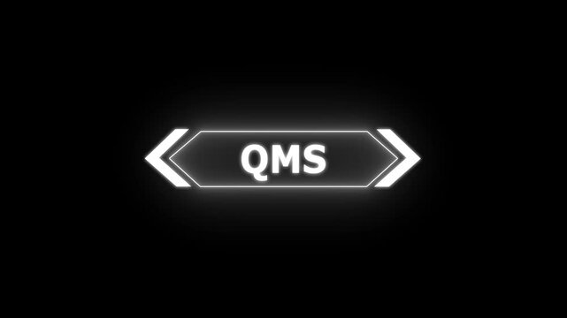 Digital QMS Text Animation on black background. Neon HUD Gaming Title with Red and Blue Glow on Sunburst Motion Graphics animation.