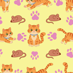 Fototapeta premium Cute ginger orange cat, paw print and toy rat seamless pattern on soft peach background