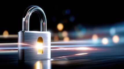 Fototapeta premium Shining Padlock with a Keyhole Surrounded by Colorful Light Trails in a Dark Background