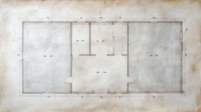 Architectural blueprint of an empty floor plan showcasing rooms, dimensions, and layout for building design project
