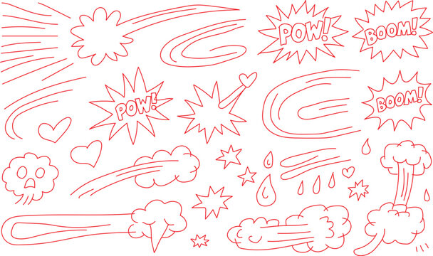 A comprehensive collection of red outline hand-drawn comic book style graphic design elements, including dynamic speed lines, explosive sound effects like "POW" and "BOOM", various speech bubbles, whi