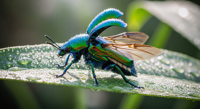 A metallic green wasp stands on a dewy leaf with wings spread.