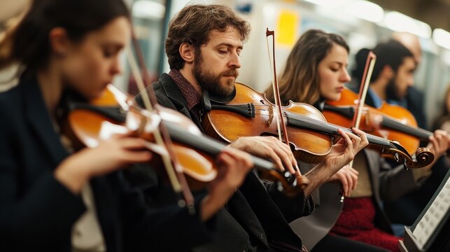 String quartet performs classical music in subway train showcasing urban art