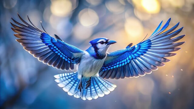 A photo of a majestic blue jay with its wings spread wide in flight, soaring through the sky against a clear blue background
