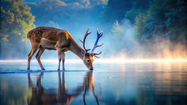 A photo of a graceful deer drinking from a serene lake under a tranquil blue mist