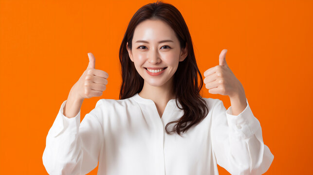 Happy Japanese businesswoman giving double thumbs up on orange background