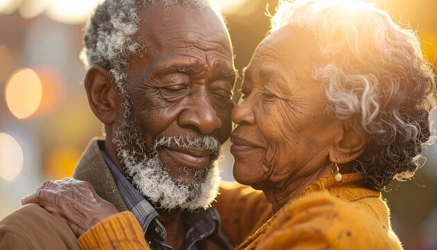 Romantic Elderly Black Couple Dancing Together Closey with Golden Bokeh Backgrund