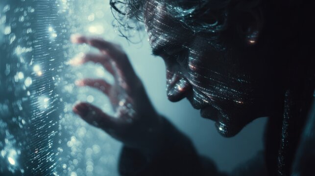 A person with intense expression in a dark environment, highlighting detailed face features and touching a reflective surface with water droplets