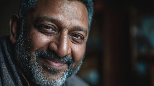 Cinematic portrait of an indian man in his late thirties with a warm smile and distinguished silver hair