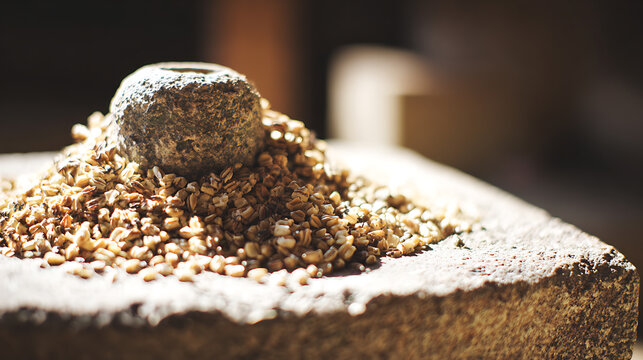 Grains on a stone mill for culinary showcases and restaurant branding