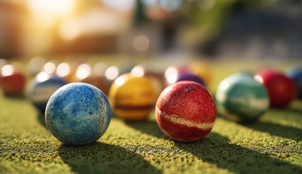 Colorful array of bocce balls resting on lush green grass in an outdoor setting, showcasing vibrant colors and textured surfaces, ready for a game under the bright sunlight